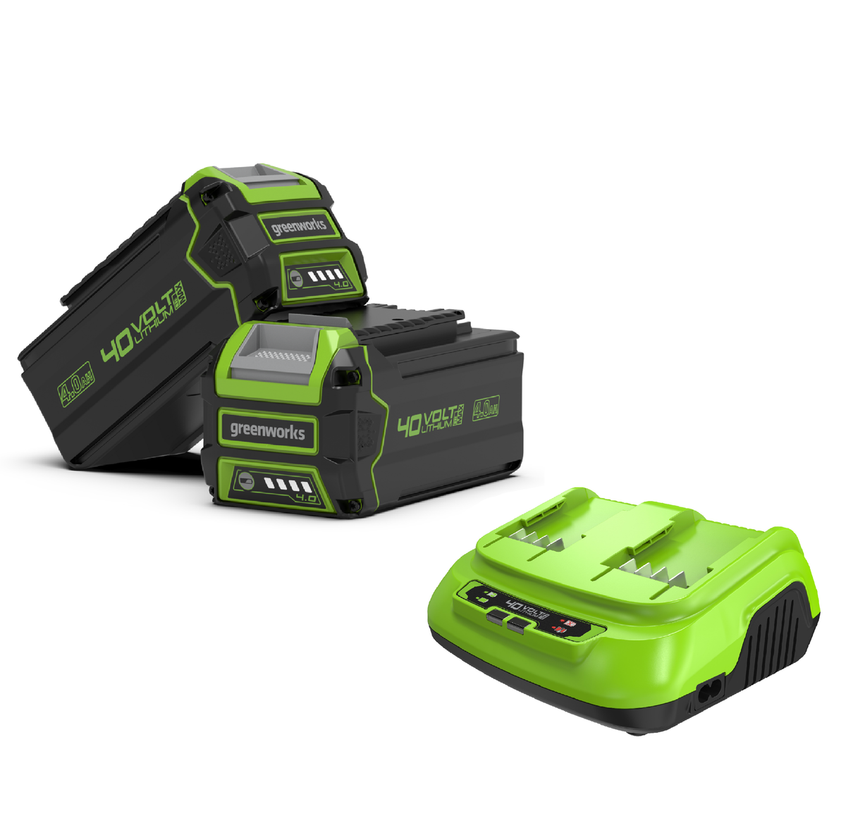 40 V startpaket med 2× 4 Ah-batterier + dubbelladdare