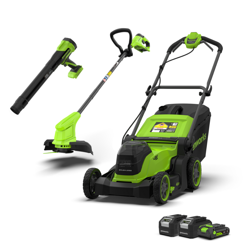 POWERALL 48 V (24 V x 2) gräsklippare 41 cm + 24 V grästrimmer 25 cm + 24 V pistolblåsare 209 km/h, set