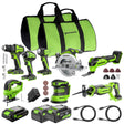 Greenworks power tool set with various tools and accessories on a white background