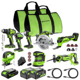 Greenworks power tool set with various tools and accessories on a white background
