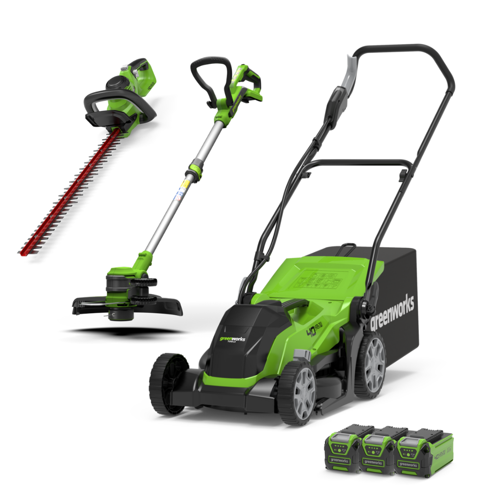 40 V gräsklippare 35 cm + grästrimmer 33 cm + häcksax 61 cm, set