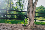 Tree pruner attached to a tree with a wooden fence and greenery in the background