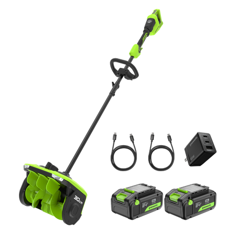 Green and black cordless snow blower set with batteries and charger on a white background
