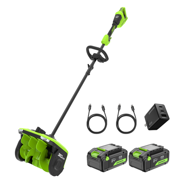 Green and black cordless snow blower set with batteries and charger on a white background